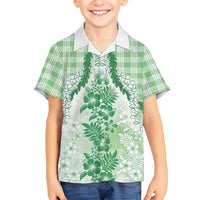 Aloha Hawaii Palaka Family Matching Off Shoulder Maxi Dress and Hawaiian Shirt Green Plumeria Lei LT05 Son's Shirt Green - Polynesian Pride
