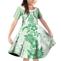 Aloha Hawaii Palaka Family Matching Off Shoulder Short Dress and Hawaiian Shirt Green Plumeria Lei LT05 Daughter's Dress Green - Polynesian Pride