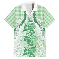 Aloha Hawaii Palaka Family Matching Off Shoulder Short Dress and Hawaiian Shirt Green Plumeria Lei - Polynesian Pride