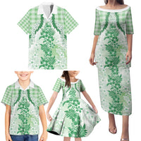 Aloha Hawaii Palaka Family Matching Puletasi and Hawaiian Shirt Green Plumeria Lei LT05 - Polynesian Pride