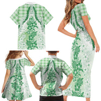 Aloha Hawaii Palaka Family Matching Short Sleeve Bodycon Dress and Hawaiian Shirt Green Plumeria Lei LT05 - Polynesian Pride