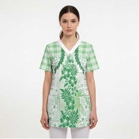 Aloha Hawaii Palaka Scrub Top Green Plumeria Lei - Polynesian Pride