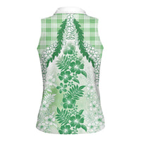 Aloha Hawaii Palaka Women Sleeveless Polo Shirt Green Plumeria Lei - Polynesian Pride