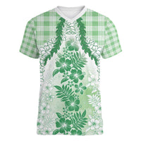 Aloha Hawaii Palaka Women V-Neck T-Shirt Green Plumeria Lei - Polynesian Pride