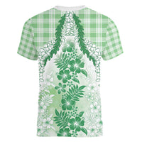 Aloha Hawaii Palaka Women V-Neck T-Shirt Green Plumeria Lei - Polynesian Pride