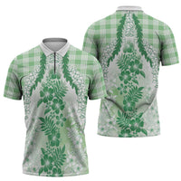 Aloha Hawaii Palaka Zipper Polo Shirt Green Plumeria Lei - Polynesian Pride
