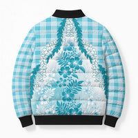 Aloha Hawaii Palaka Bomber Puffer Jacket Blue Plumeria Lei - Polynesian Pride