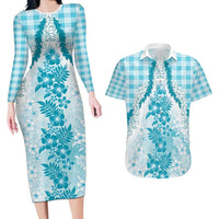 Aloha Hawaii Palaka Couples Matching Long Sleeve Bodycon Dress and Hawaiian Shirt Blue Plumeria Lei LT05 Blue - Polynesian Pride