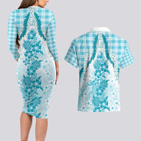 Aloha Hawaii Palaka Couples Matching Long Sleeve Bodycon Dress and Hawaiian Shirt Blue Plumeria Lei LT05 - Polynesian Pride