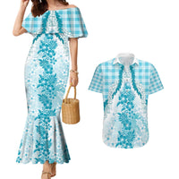 Aloha Hawaii Palaka Couples Matching Mermaid Dress and Hawaiian Shirt Blue Plumeria Lei - Polynesian Pride