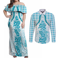 Aloha Hawaii Palaka Couples Matching Off Shoulder Maxi Dress and Long Sleeve Button Shirt Blue Plumeria Lei LT05 Blue - Polynesian Pride