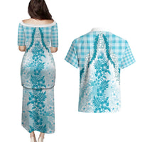 Aloha Hawaii Palaka Couples Matching Puletasi and Hawaiian Shirt Blue Plumeria Lei - Polynesian Pride
