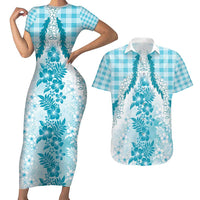 Aloha Hawaii Palaka Couples Matching Short Sleeve Bodycon Dress and Hawaiian Shirt Blue Plumeria Lei LT05 Blue - Polynesian Pride