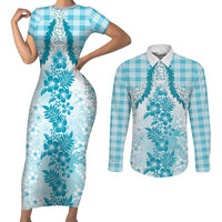 Aloha Hawaii Palaka Couples Matching Short Sleeve Bodycon Dress and Long Sleeve Button Shirt Blue Plumeria Lei - Polynesian Pride