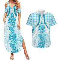 Aloha Hawaii Palaka Couples Matching Summer Maxi Dress and Hawaiian Shirt Blue Plumeria Lei - Polynesian Pride