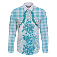 Aloha Hawaii Palaka Family Matching Mermaid Dress and Hawaiian Shirt Blue Plumeria Lei LT05 Dad's Shirt - Long Sleeve Blue - Polynesian Pride