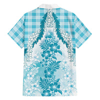 Aloha Hawaii Palaka Family Matching Off The Shoulder Long Sleeve Dress and Hawaiian Shirt Blue Plumeria Lei LT05 - Polynesian Pride