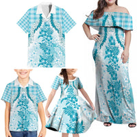 Aloha Hawaii Palaka Family Matching Off Shoulder Maxi Dress and Hawaiian Shirt Blue Plumeria Lei - Polynesian Pride