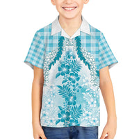 Aloha Hawaii Palaka Family Matching Off Shoulder Maxi Dress and Hawaiian Shirt Blue Plumeria Lei LT05 Son's Shirt Blue - Polynesian Pride
