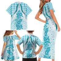 Aloha Hawaii Palaka Family Matching Short Sleeve Bodycon Dress and Hawaiian Shirt Blue Plumeria Lei - Polynesian Pride