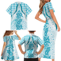 Aloha Hawaii Palaka Family Matching Short Sleeve Bodycon Dress and Hawaiian Shirt Blue Plumeria Lei LT05 - Polynesian Pride
