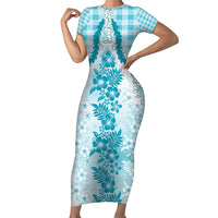 Aloha Hawaii Palaka Family Matching Short Sleeve Bodycon Dress and Hawaiian Shirt Blue Plumeria Lei LT05 Mom's Dress Blue - Polynesian Pride