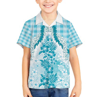 Aloha Hawaii Palaka Family Matching Short Sleeve Bodycon Dress and Hawaiian Shirt Blue Plumeria Lei - Polynesian Pride