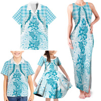 Aloha Hawaii Palaka Family Matching Tank Maxi Dress and Hawaiian Shirt Blue Plumeria Lei - Polynesian Pride
