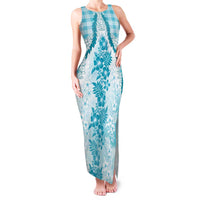 Aloha Hawaii Palaka Family Matching Tank Maxi Dress and Hawaiian Shirt Blue Plumeria Lei LT05 Mom's Dress Blue - Polynesian Pride