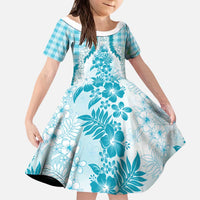 Aloha Hawaii Palaka Kid Short Sleeve Dress Blue Plumeria Lei - Polynesian Pride