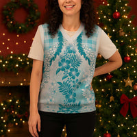 Aloha Hawaii Palaka Christmas Knitted V-Neck Vest Blue Plumeria Lei - Polynesian Pride