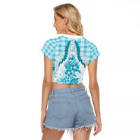 Aloha Hawaii Palaka Raglan Cropped T Shirt Blue Plumeria Lei - Polynesian Pride