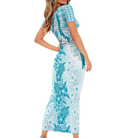 Aloha Hawaii Palaka Short Sleeve Bodycon Dress Blue Plumeria Lei - Polynesian Pride