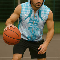 Aloha Hawaii Palaka Sleeveless Zip Hoodie Blue Plumeria Lei - Polynesian Pride