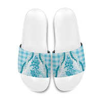 Aloha Hawaii Palaka Slide Sandals Blue Plumeria Lei - Polynesian Pride