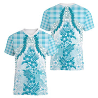 Aloha Hawaii Palaka Women V-Neck T-Shirt Blue Plumeria Lei - Polynesian Pride