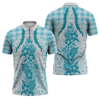 Aloha Hawaii Palaka Zipper Polo Shirt Blue Plumeria Lei - Polynesian Pride
