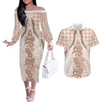 Aloha Hawaii Palaka Couples Matching Off The Shoulder Long Sleeve Dress and Hawaiian Shirt Beige Plumeria Lei LT05 Beige - Polynesian Pride