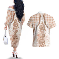 Aloha Hawaii Palaka Couples Matching Off The Shoulder Long Sleeve Dress and Hawaiian Shirt Beige Plumeria Lei LT05 - Polynesian Pride