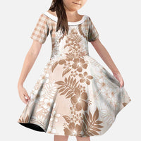 Aloha Hawaii Palaka Family Matching Long Sleeve Bodycon Dress and Hawaiian Shirt Beige Plumeria Lei LT05 Daughter's Dress Beige - Polynesian Pride