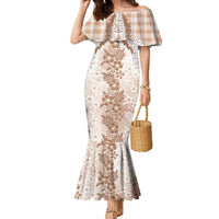 Aloha Hawaii Palaka Family Matching Mermaid Dress and Hawaiian Shirt Beige Plumeria Lei - Polynesian Pride