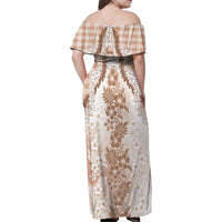 Aloha Hawaii Palaka Family Matching Off Shoulder Maxi Dress and Hawaiian Shirt Beige Plumeria Lei - Polynesian Pride
