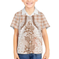 Aloha Hawaii Palaka Family Matching Off Shoulder Short Dress and Hawaiian Shirt Beige Plumeria Lei LT05 Son's Shirt Beige - Polynesian Pride