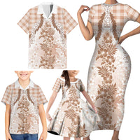 Aloha Hawaii Palaka Family Matching Short Sleeve Bodycon Dress and Hawaiian Shirt Beige Plumeria Lei LT05 - Polynesian Pride
