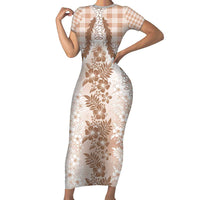 Aloha Hawaii Palaka Family Matching Short Sleeve Bodycon Dress and Hawaiian Shirt Beige Plumeria Lei LT05 Mom's Dress Beige - Polynesian Pride