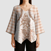 Aloha Hawaii Palaka Kimono Sleeve Blouse Beige Plumeria Lei - Polynesian Pride