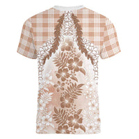 Aloha Hawaii Palaka Women V-Neck T-Shirt Beige Plumeria Lei - Polynesian Pride