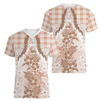 Aloha Hawaii Palaka Women V-Neck T-Shirt Beige Plumeria Lei - Polynesian Pride