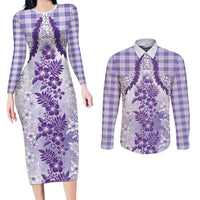 Aloha Hawaii Palaka Couples Matching Long Sleeve Bodycon Dress and Long Sleeve Button Shirt Purple Plumeria Lei - Polynesian Pride
