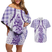 Aloha Hawaii Palaka Couples Matching Off Shoulder Short Dress and Hawaiian Shirt Purple Plumeria Lei LT05 Purple - Polynesian Pride